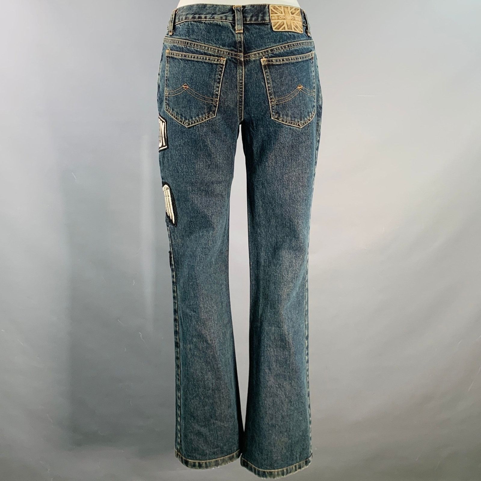 John Richmond Size 27 Indigo Black Red Denim Twill Patches Flared Jeans Size 27" / US 4 / IT 40 - 3 Thumbnail