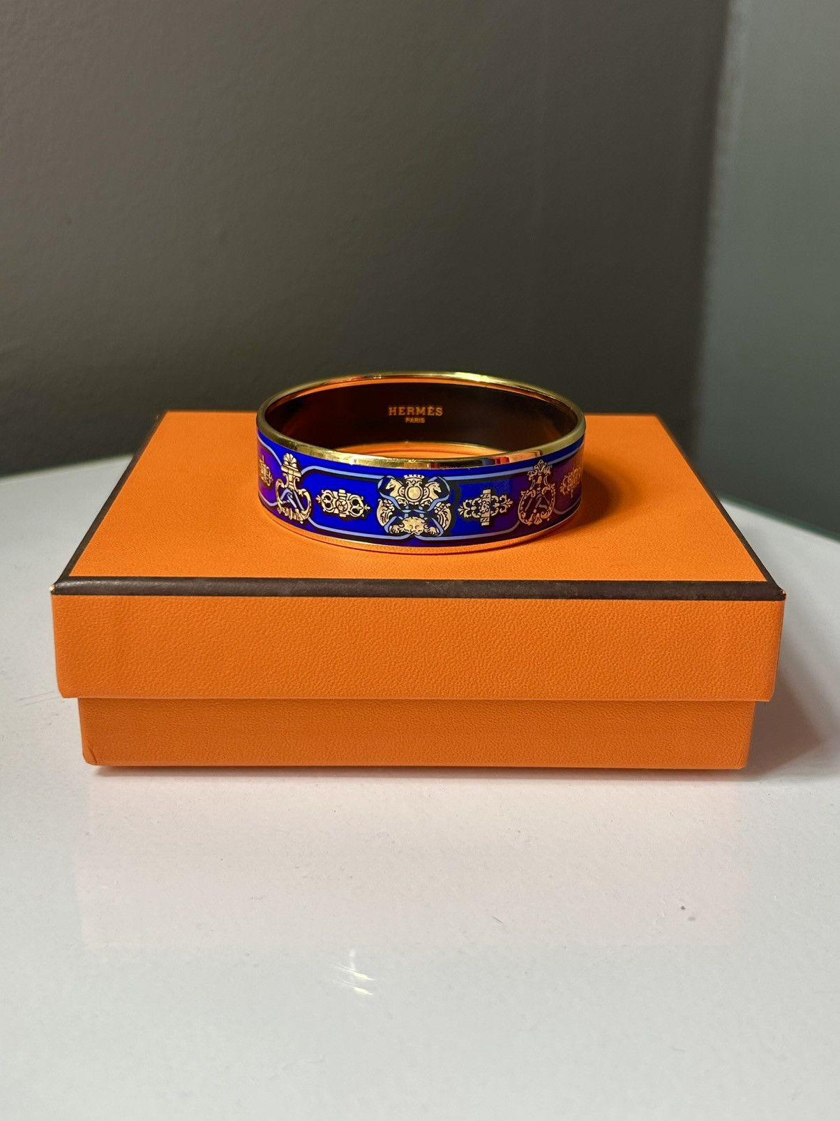 Hermes Hermes Emaille Blue Enamel Gold Plated Bangle Bracelet w Box Size ONE SIZE - 1 Thumbnail
