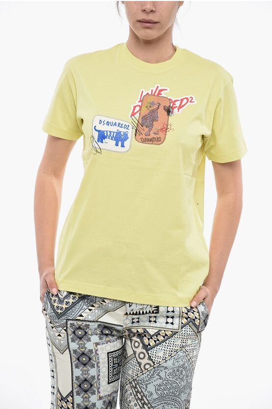 image of Dsquared2 Crew Neck Cotton T-Shirt With Patches in Yellow, Women's (Size Large)