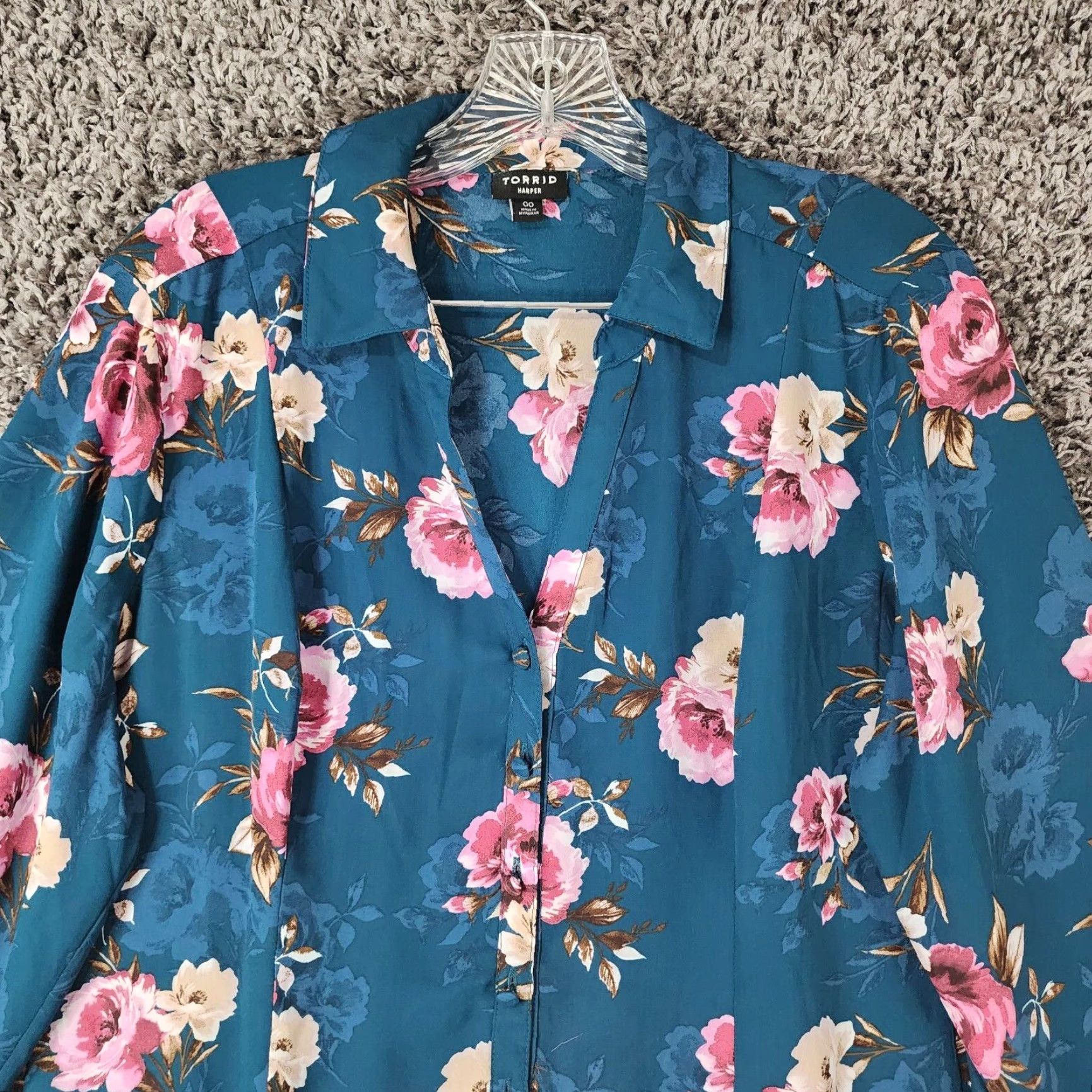 Torrid TORRID Harper Floral Button-Up Shirt Womens Long Sleeve Size 00 Green Teal Size XXS / US 00 / IT 34 - 3 Thumbnail