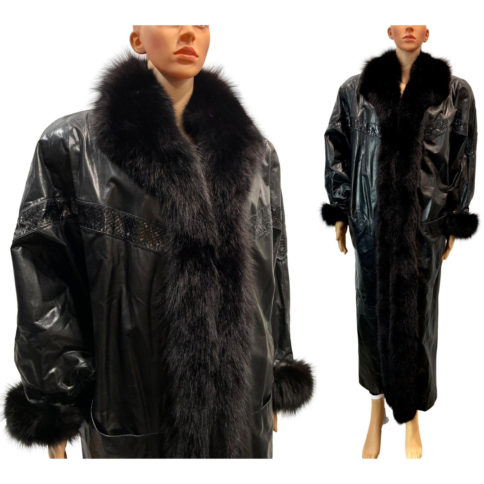 Genuine Leather 80s Leather & Fox Fur Full Length Coat w Genuine Snakeskin Size ONE SIZE - 2 Thumbnail