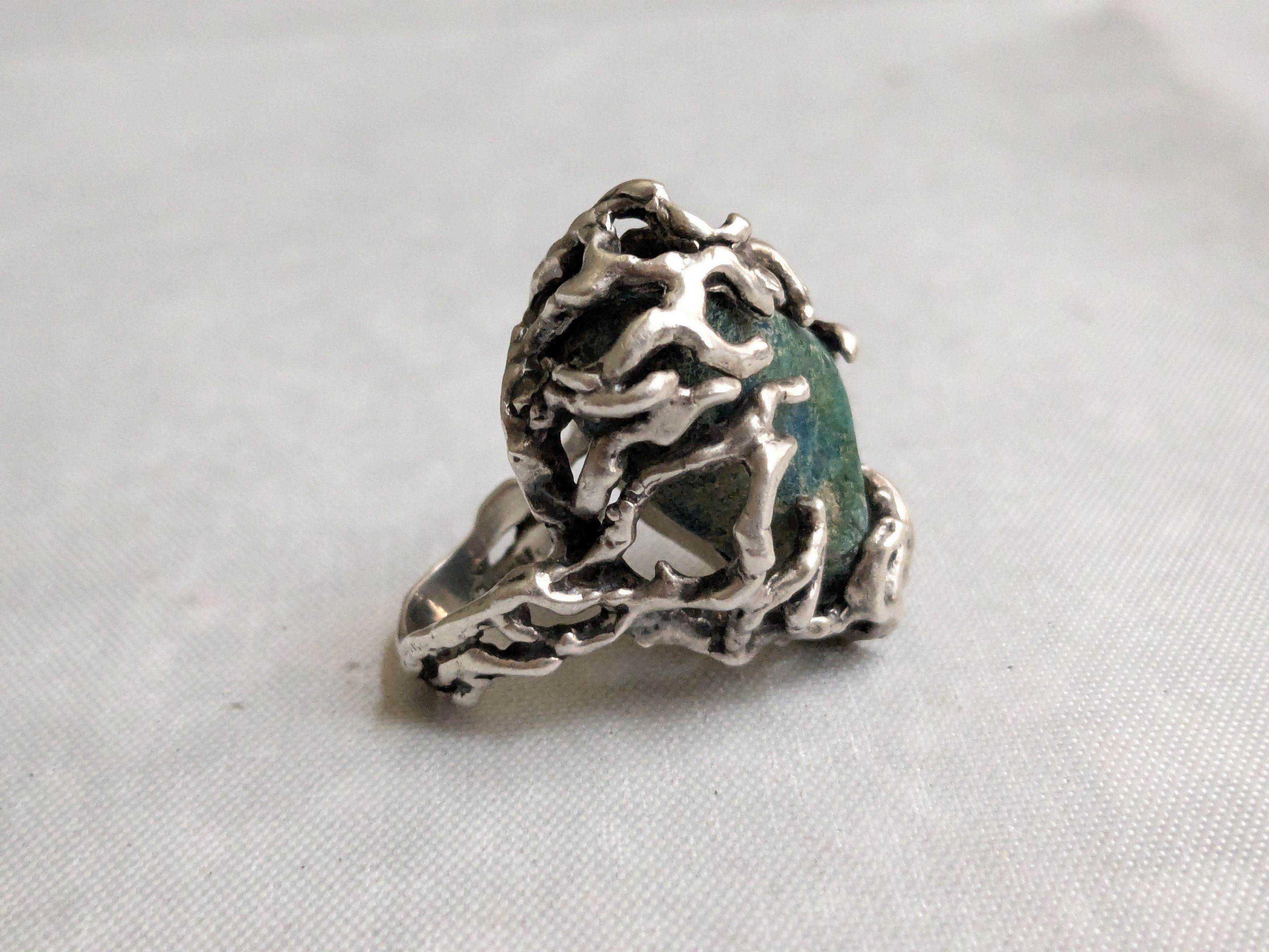 Jewelry Vintage Sterling Silver Ring Chrysocholla Brutalist 5.75 Size ONE SIZE - 7 Thumbnail