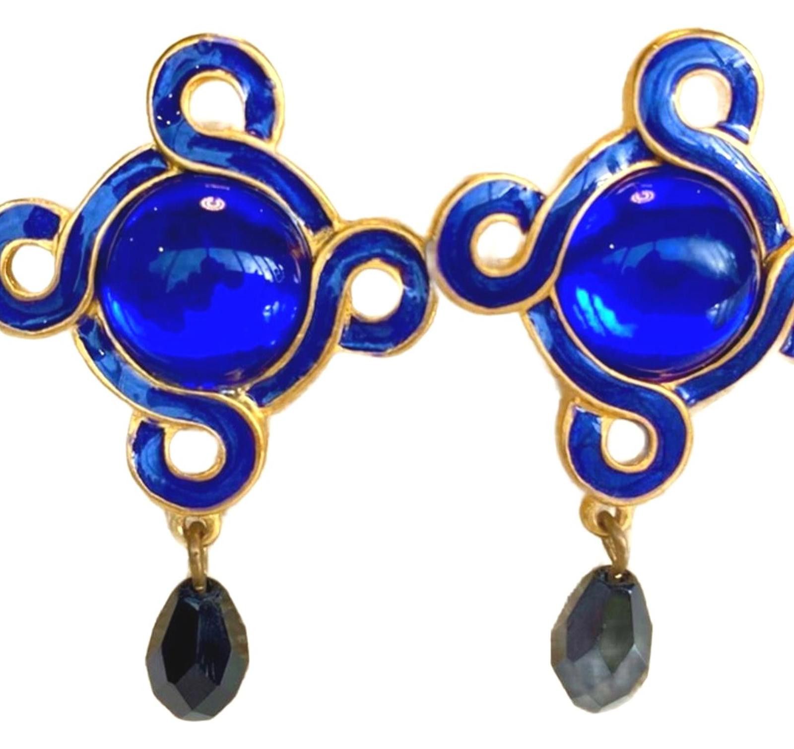 Vintage Chico’s Blue Enamel & Glass Cabochon Drop Earrings Gold Tone Size ONE SIZE - 2 Thumbnail