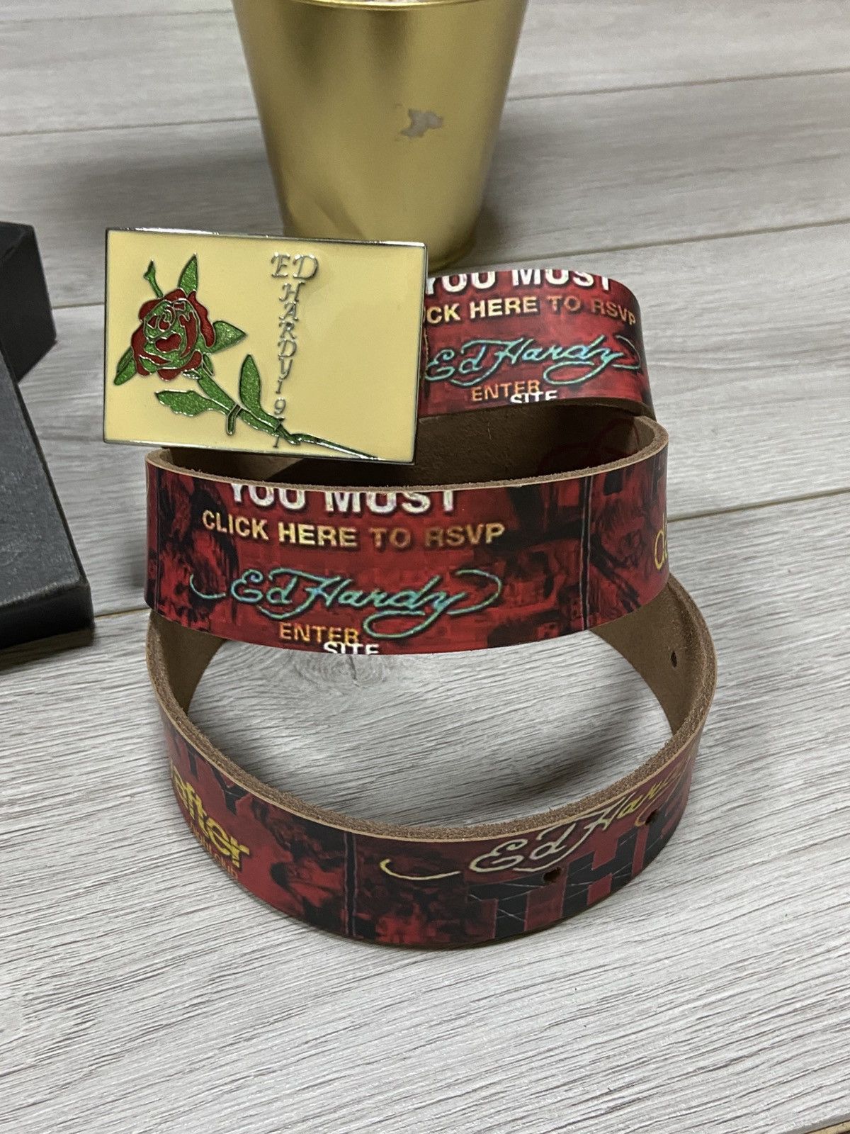 Christian Audigier × Ed Hardy × Vintage Ed Hardy rose 🌹 vintage leather belt over print big buckle Size ONE SIZE - 2 Thumbnail