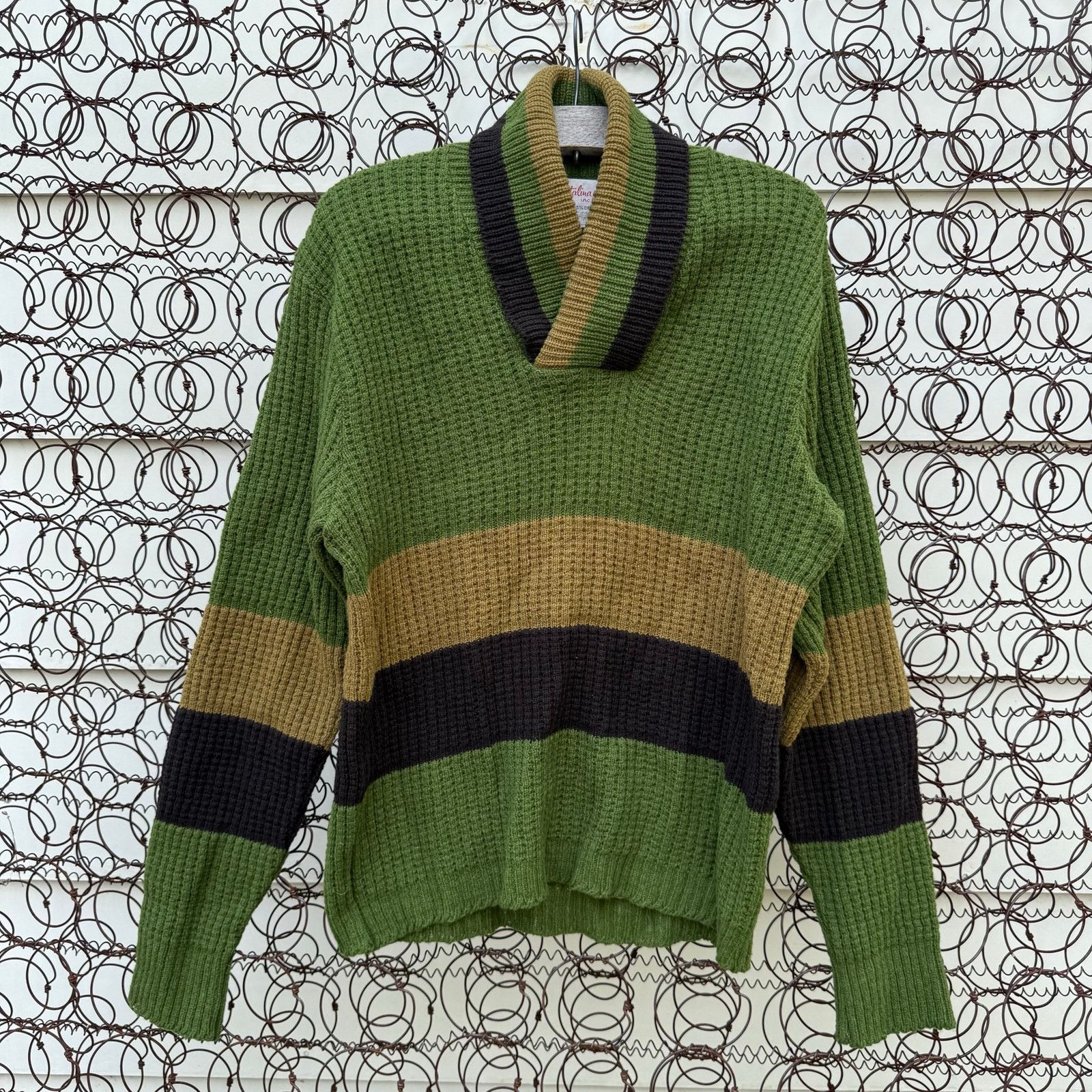 50s 60s Catalina Green Gold Black Stripe Cowl V Neck Sweater
