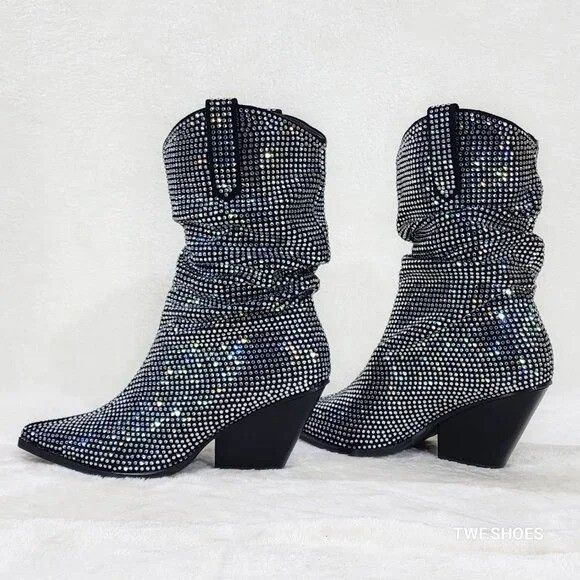 Carry Iridescent Rhinestone Western Cowgirl Ankle Boots NEW