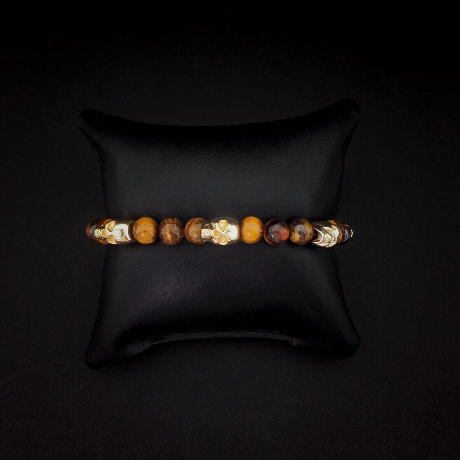 Handmade 💀 Gold Skull and Genuine Tiger’s Eye Beaded Bracelet Size ONE SIZE - 5 Thumbnail