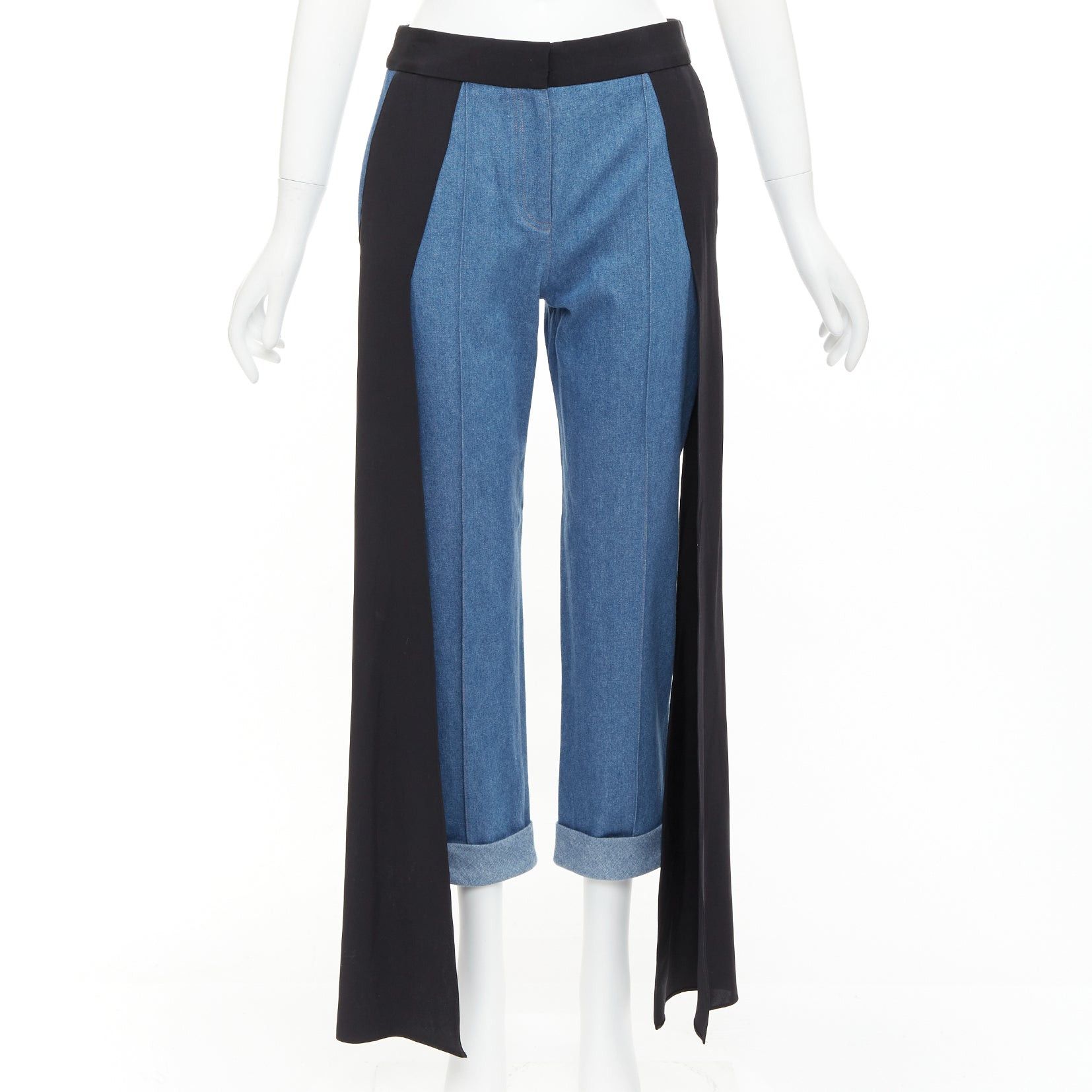 Other HELLESSY Jagger blue denim black silk panels deconstructed cropped pants US2 S Size 27" / US 4 / IT 40 - 1 Thumbnail