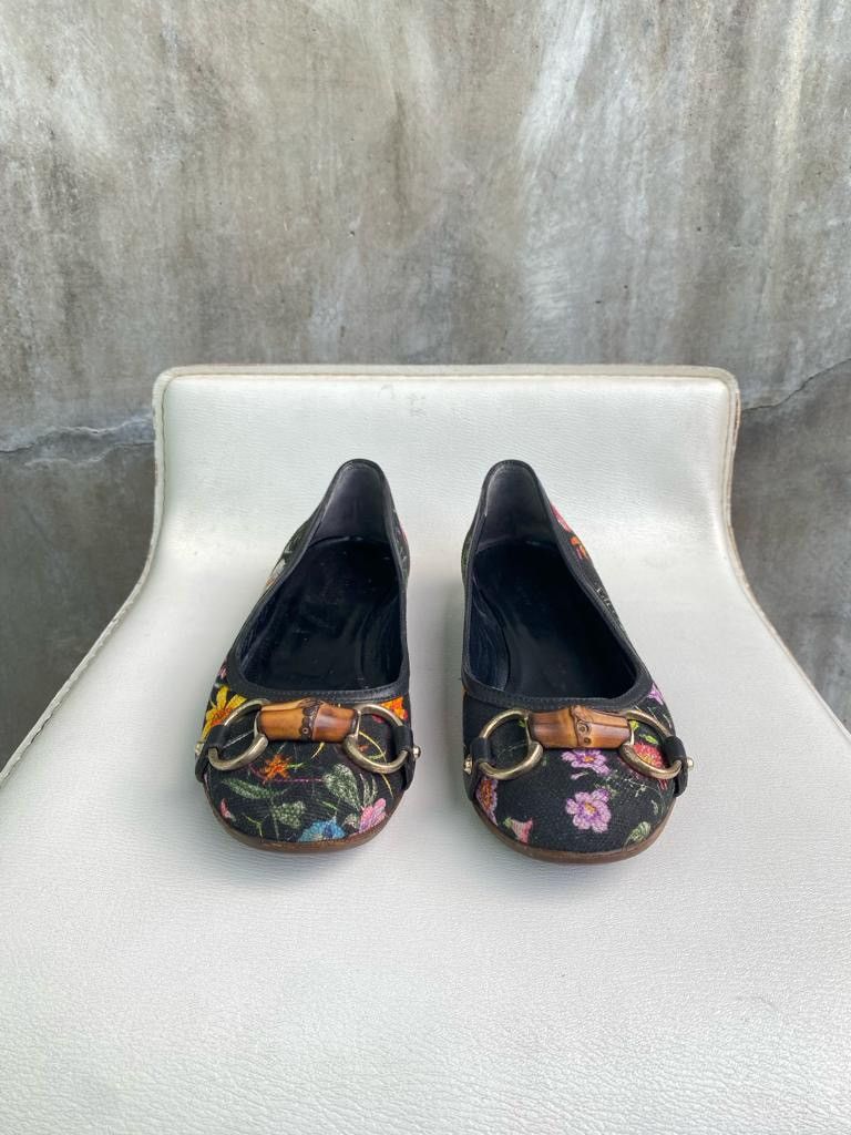 Gucci Black Flora Bamboo Ballet Heeled Flats Size US 5 / IT 35 - 8 Thumbnail