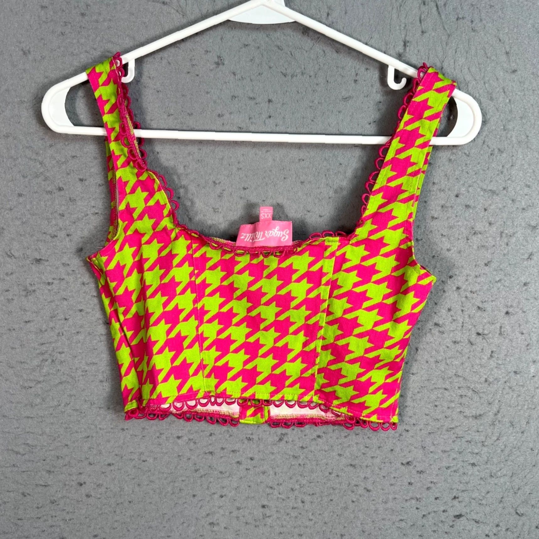 Vintage Sugar Thrillz Cropped Top Womens XS Neon Pink & Green Houndstooth Shirt Sleeveless Size XS / US 0-2 / IT 36-38 - 2 Thumbnail
