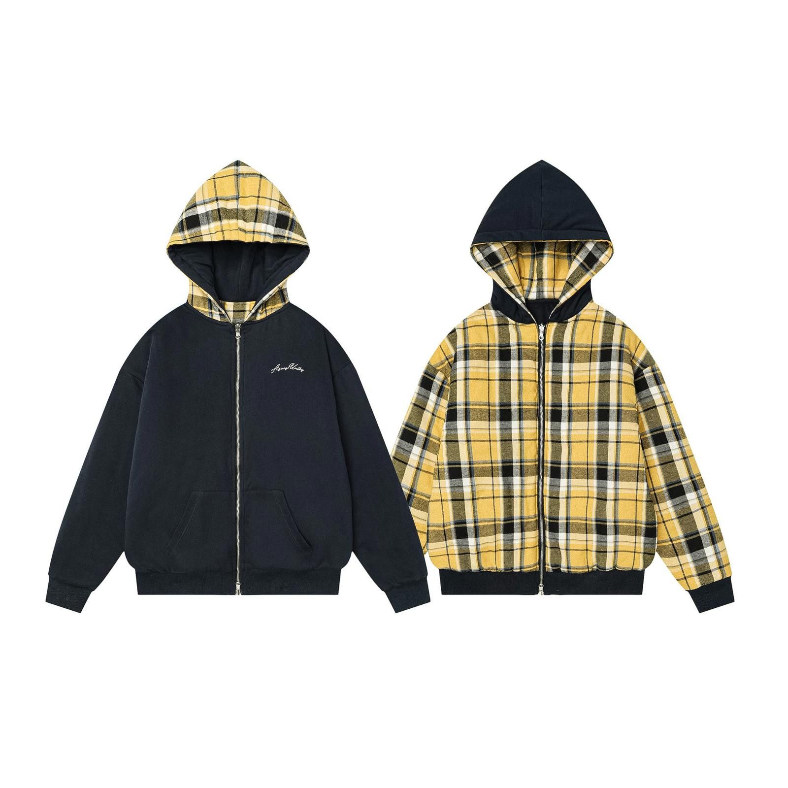 Reversible Plaid Lined Zip-Up Hooded Jacket