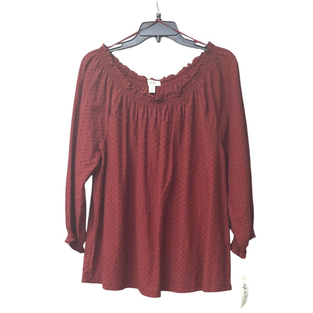 Style & Co Style Co Plus Size Off-the-Shoulder Swiss Dot Top, Merlot, S Size ONE SIZE - 3 Thumbnail