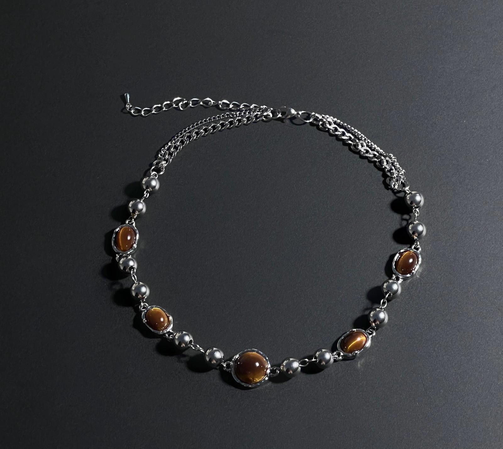 Vintage Silver Brown Beaded Choker Necklace, Tiger Eye Stone Size ONE SIZE - 3 Thumbnail