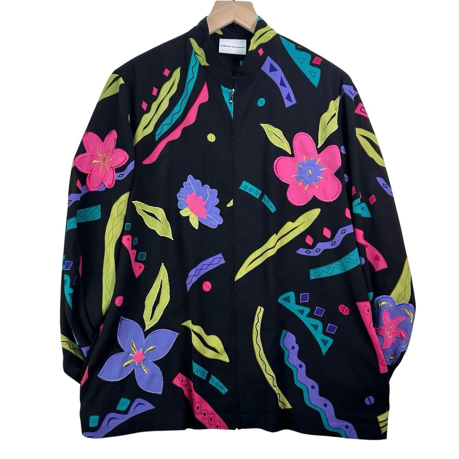 Other ALFRED DUNNER 90s Retro Black Neon Floral Sheer Zip Jacket Size XL / US 12-14 / IT 48-50 - 1 Thumbnail
