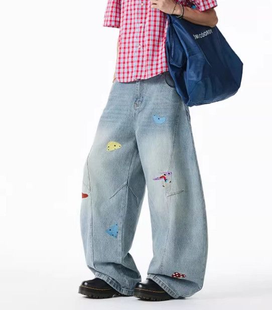 Japanese Brand Men's hip-hop wide-leg cartoon embroidered washed jeans Size US 32 / EU 48 - 4 Thumbnail