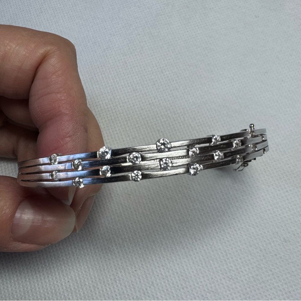 Other 925 Sterling Silver 3 Row Cubic Zirconia Bangle Bracelet Size ONE SIZE - 3 Thumbnail