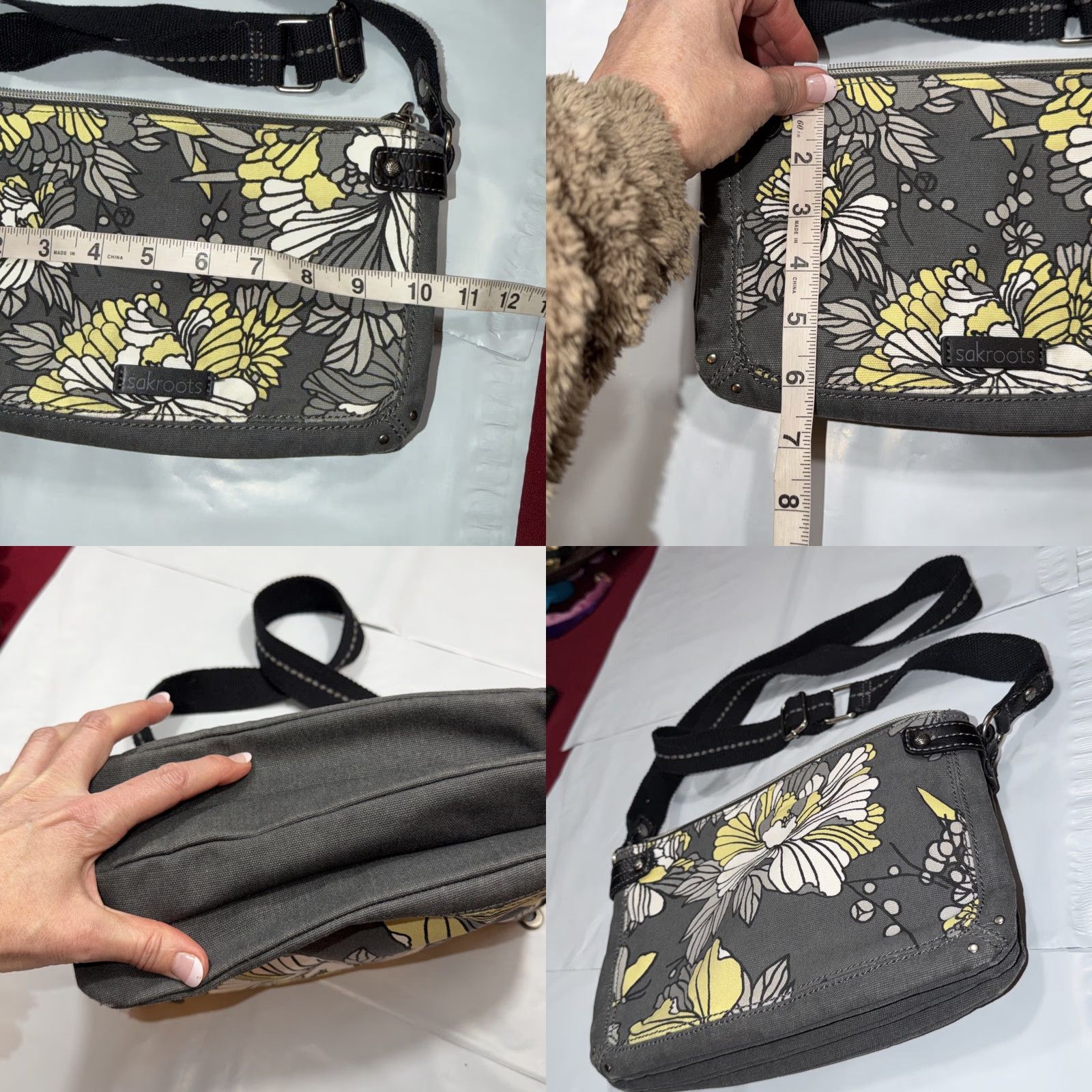 Vintage Sakroots Artist Circle Crossbody Purse Canvas Gray Yellow White Flower Blossom Floral Pattern, Zip, Adjustable Strap, Tote? Size ONE SIZE - 9 Thumbnail