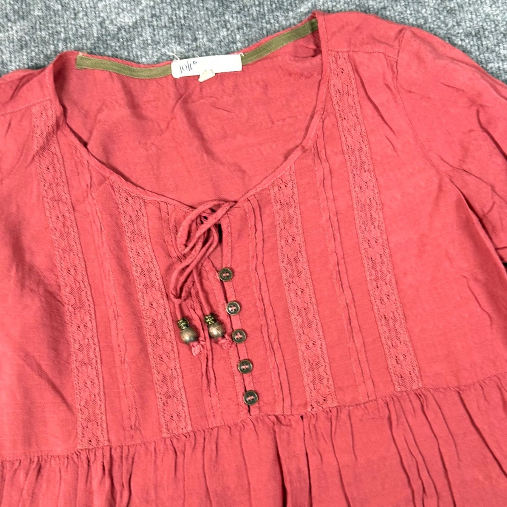 Vintage VINTAGE? No. Jolt Blouse Tunic Bohemian Tie Neck Embroidered Lace 3/4 Sleeve Coral Salmon Women M Adults? Size M / US 6-8 / IT 42-44 - 2 Thumbnail
