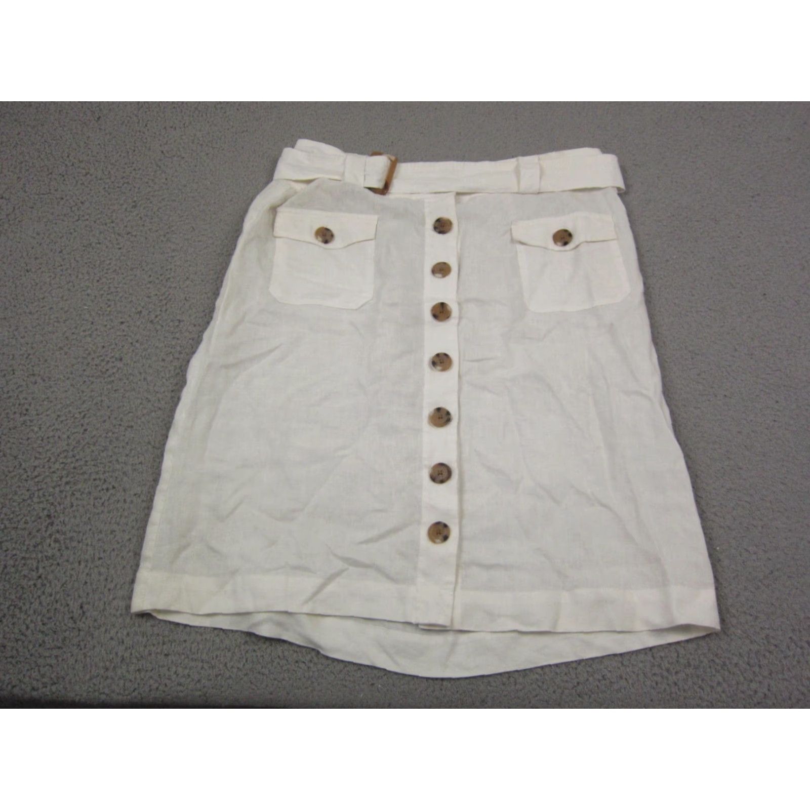 Vintage VINTAGE Autograph Skirt Womens 14 White Linen Button Front Pockets 90s City Knee Length A-Line Casual Summer Womens Size 36" / US 14 / IT 50 - 2 Thumbnail
