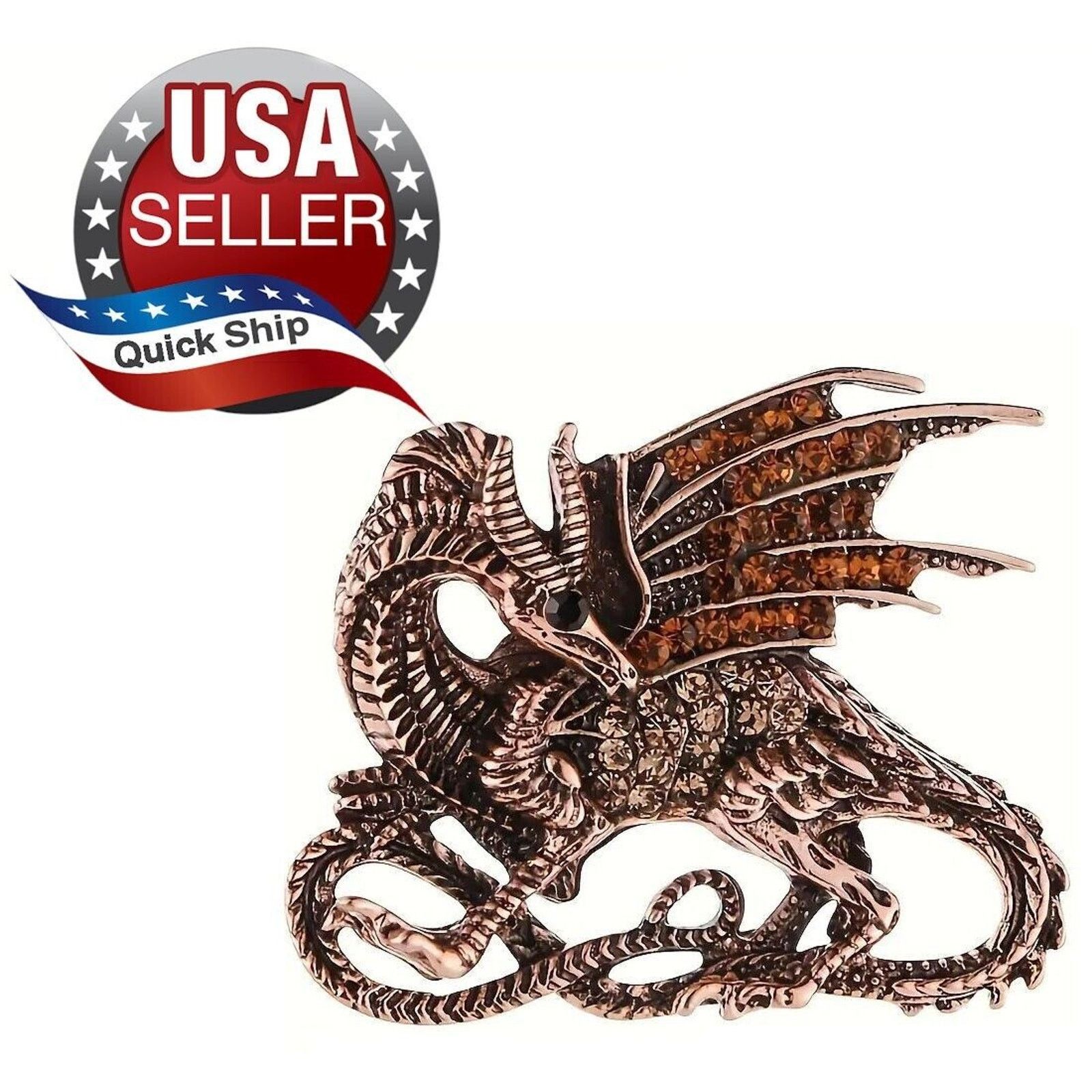 Other Dragon Brooch • Clear Orange Brown Rhinestones • 1.3"x1.7" Size ONE SIZE - 1 Thumbnail