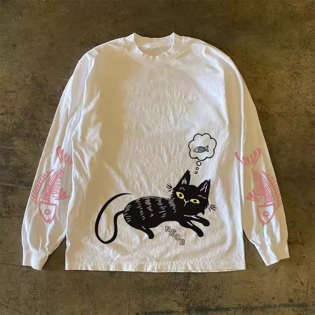 Japanese Brand White casual retro cat print long-sleeved t-shirt Size US M / EU 48-50 / 2 - 1 Thumbnail
