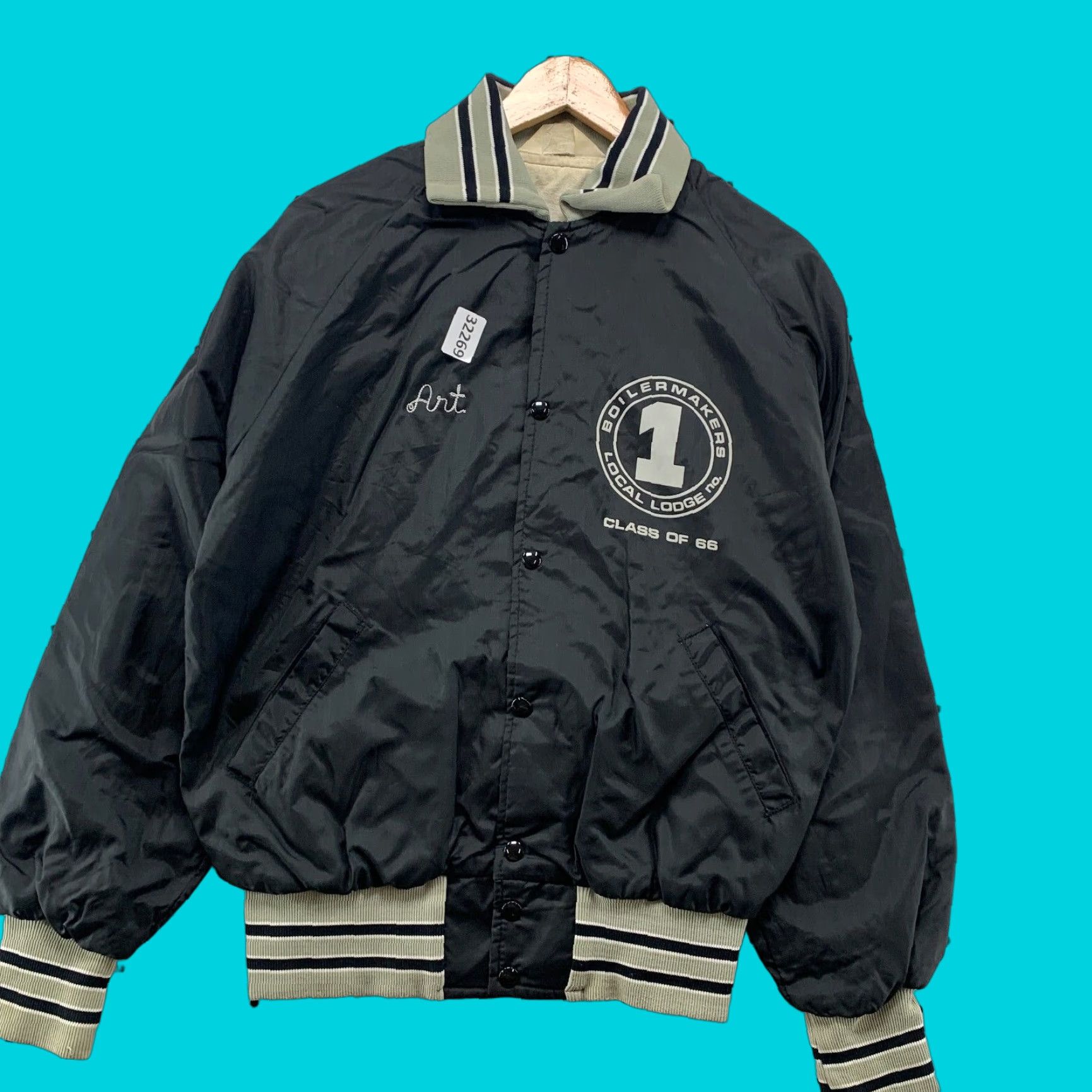 VINTAGE Gem Sportswear Satin Snap Jacket Men M Black Bomber 60s Style Boilermaker Class 66 Jacket Mens