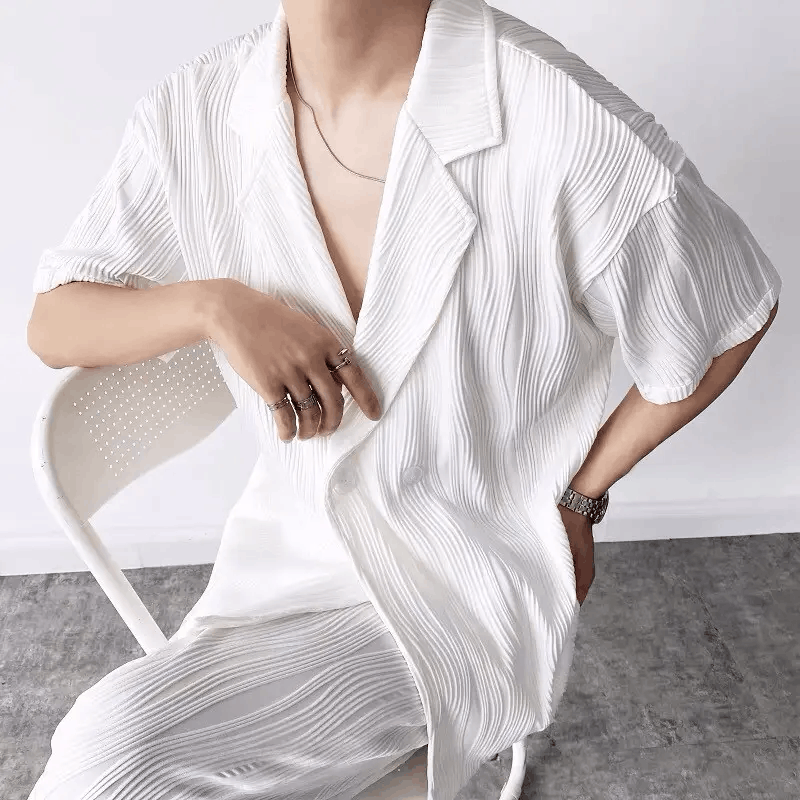 Japanese Brand × Vintage Korean fashion white wave pleats short sleeve shirt jacket Size US M / EU 48-50 / 2 - 3 Thumbnail