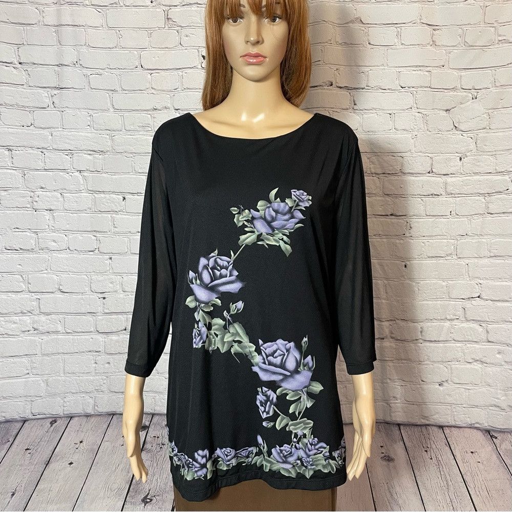 Other Style & Co Black Floral 4/2 Sleeve Top Size 2X Size XXL / US 16-18 / IT 52-54 - 1 Thumbnail