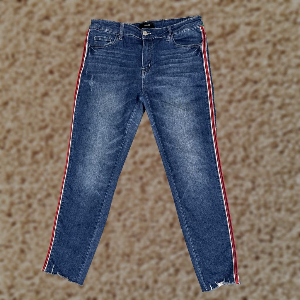 Vintage Vervet Jeans Womens 30 Blue Med Wash Skinny 5-Pocket Crop Striped High Rise Distressed Zipper Button Size 30" / US 8 / IT 44 - 1 Thumbnail