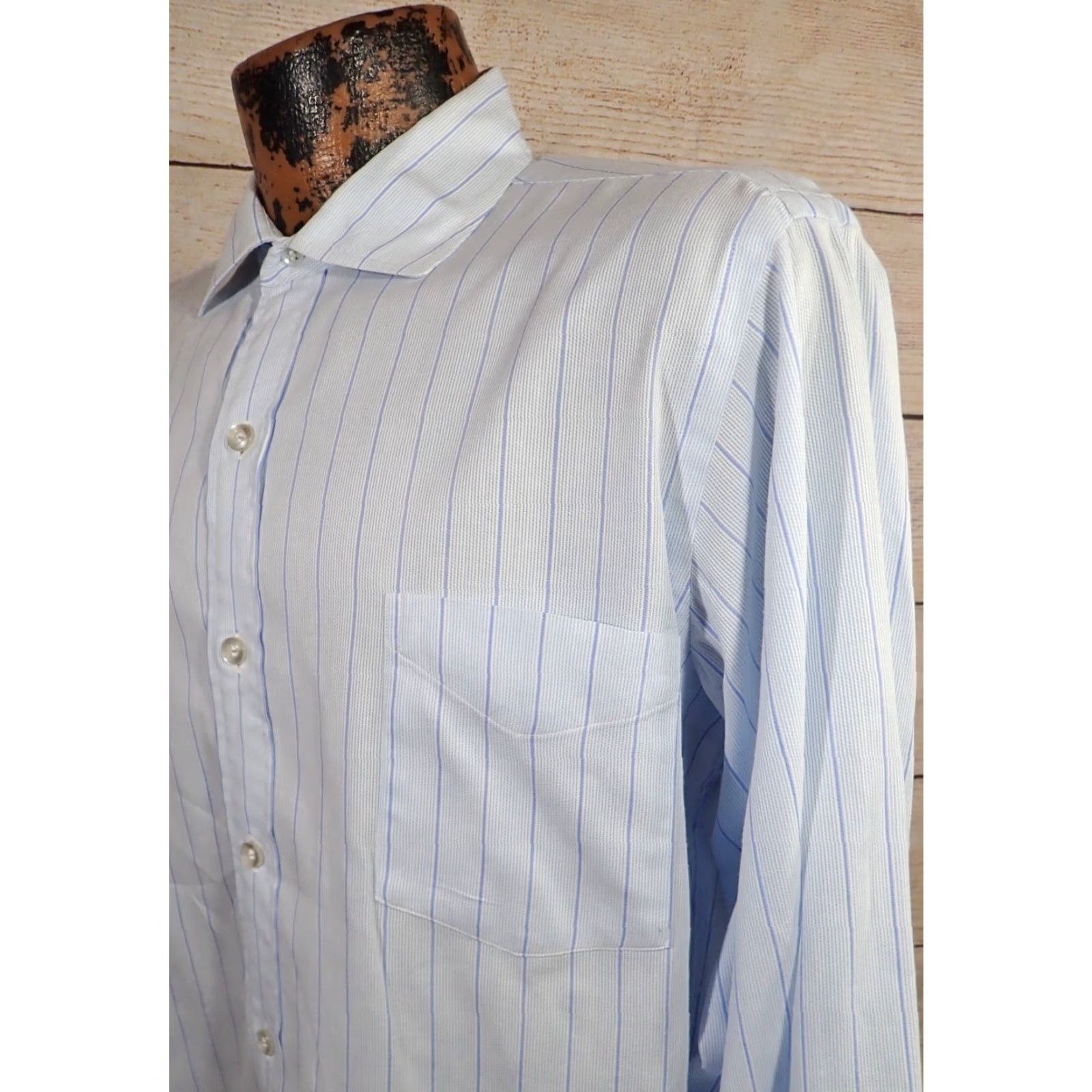 Enro VINTAGE Enro Men's Dress Shirt White Blue Striped 1960s Civilian Cotton French Cuff L Mens 46 inch Size 42R - 2 Thumbnail