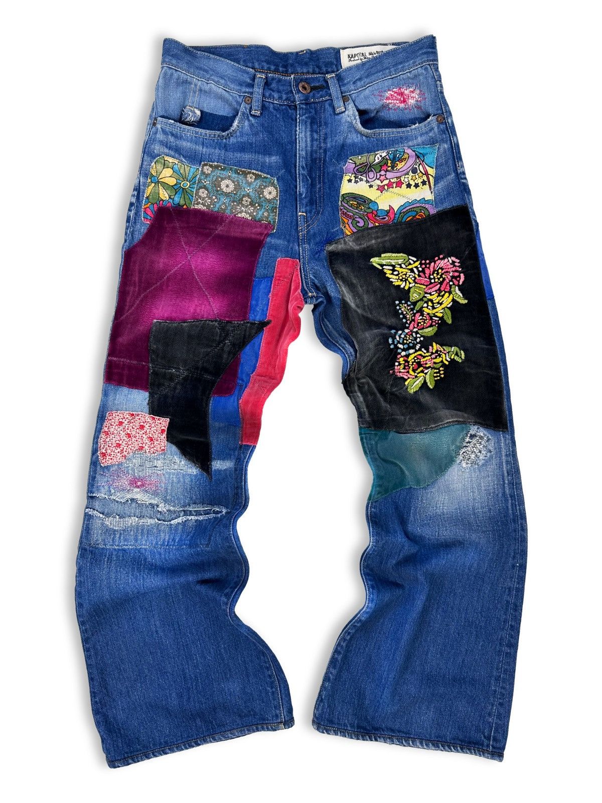 image of Kapital Kountry Psychedelic Oakabilly Patchwork Flared Denim in Blue, Men's (Size 30)