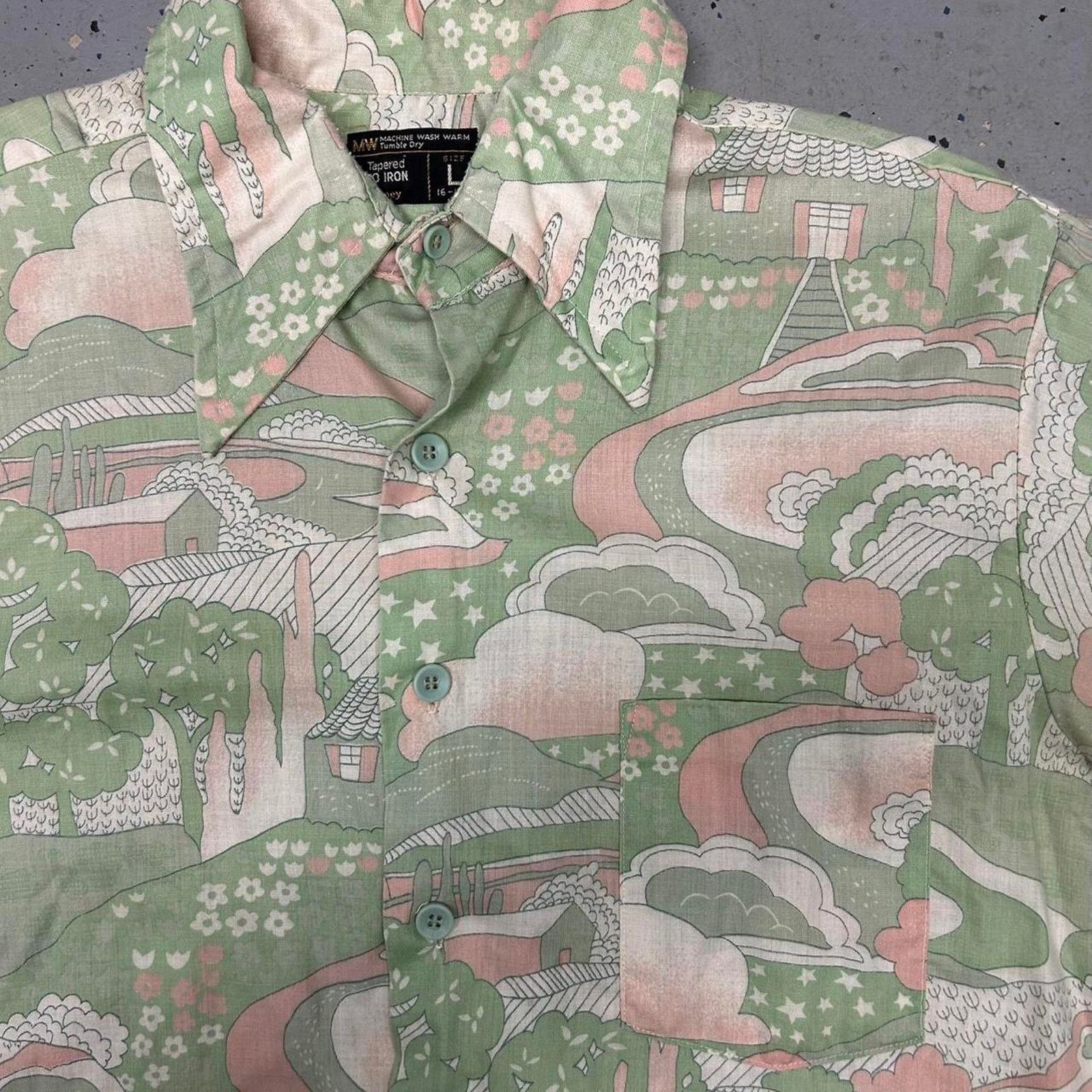 JCPenney 1970s green and pink Hippie print button-up shirt Size US L / EU 52-54 / 3 - 4 Thumbnail