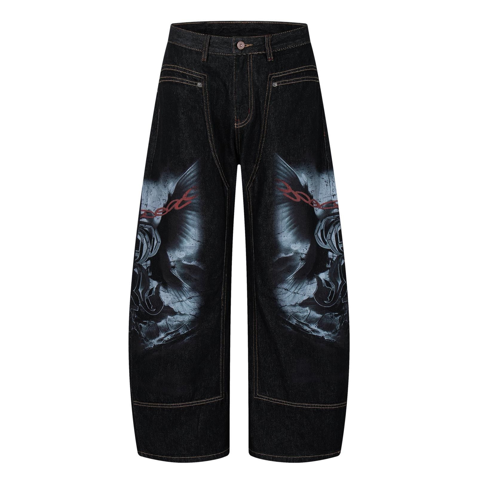 Vintage Black Graphic Wide Leg Jeans, Baggy Streetwear Pants Size 28" / US 6 / IT 42 - 6 Thumbnail