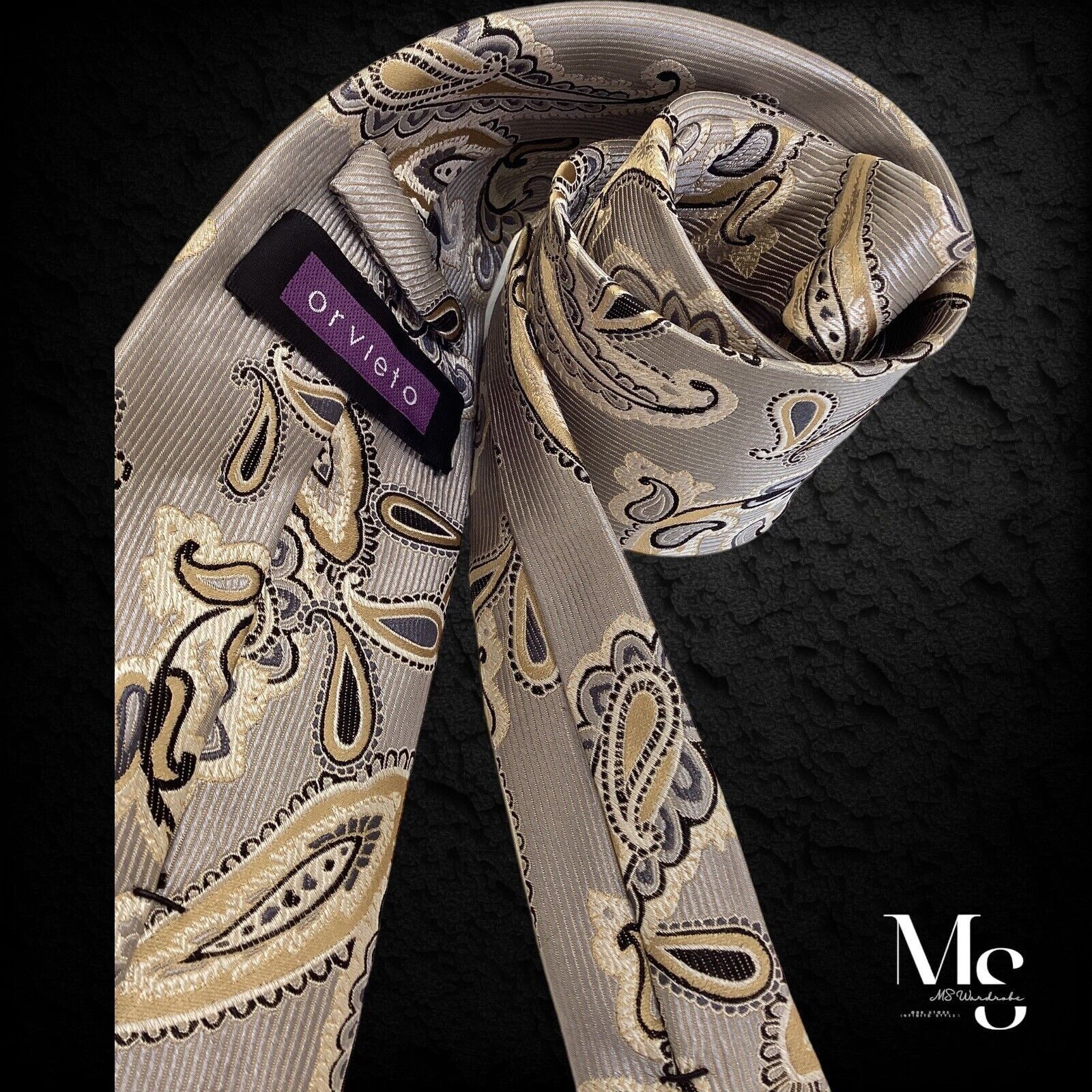 Other ORVIETO Beige Paisley Silk Tie W: 3.4" EX COND Size ONE SIZE - 3 Thumbnail