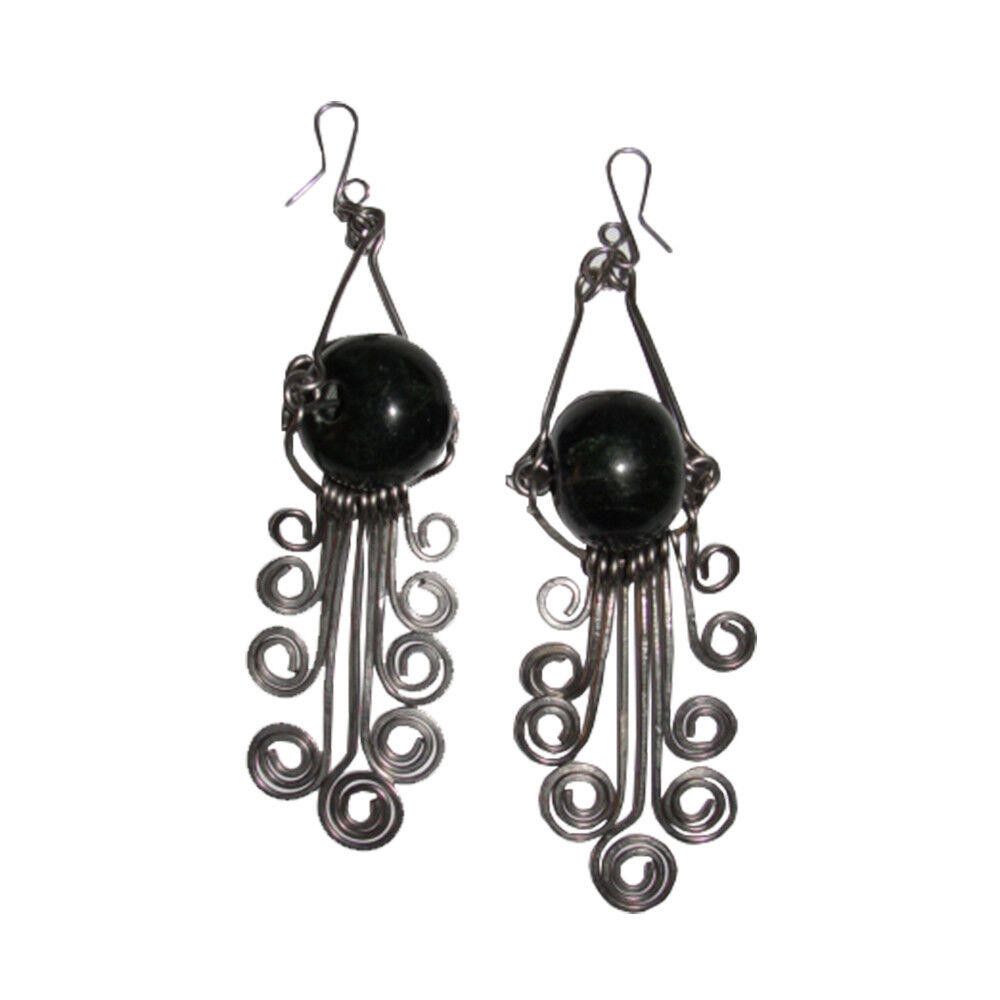 Designer Mexican Guatemalan Jade Bead Alpaca Chandelier Wire Earrings Size ONE SIZE - 2 Thumbnail