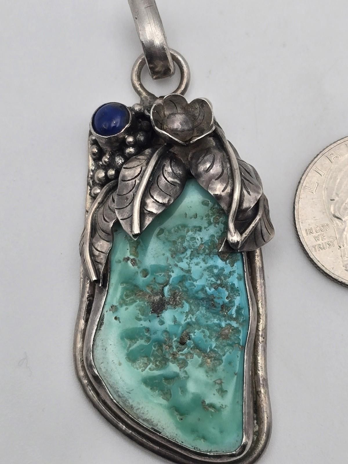 Studio D'Artisan Vintage Sterling Pendant Turquoise Lapis Lazuli Floral Size ONE SIZE - 3 Thumbnail