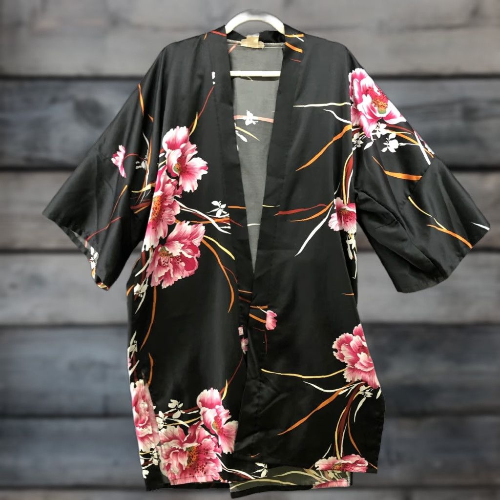 Pinko VINTAGE Kimono Robe One Size Black Pink Floral Hawaiian Tropical Open Front Unisex Size ONE SIZE - 1 Thumbnail