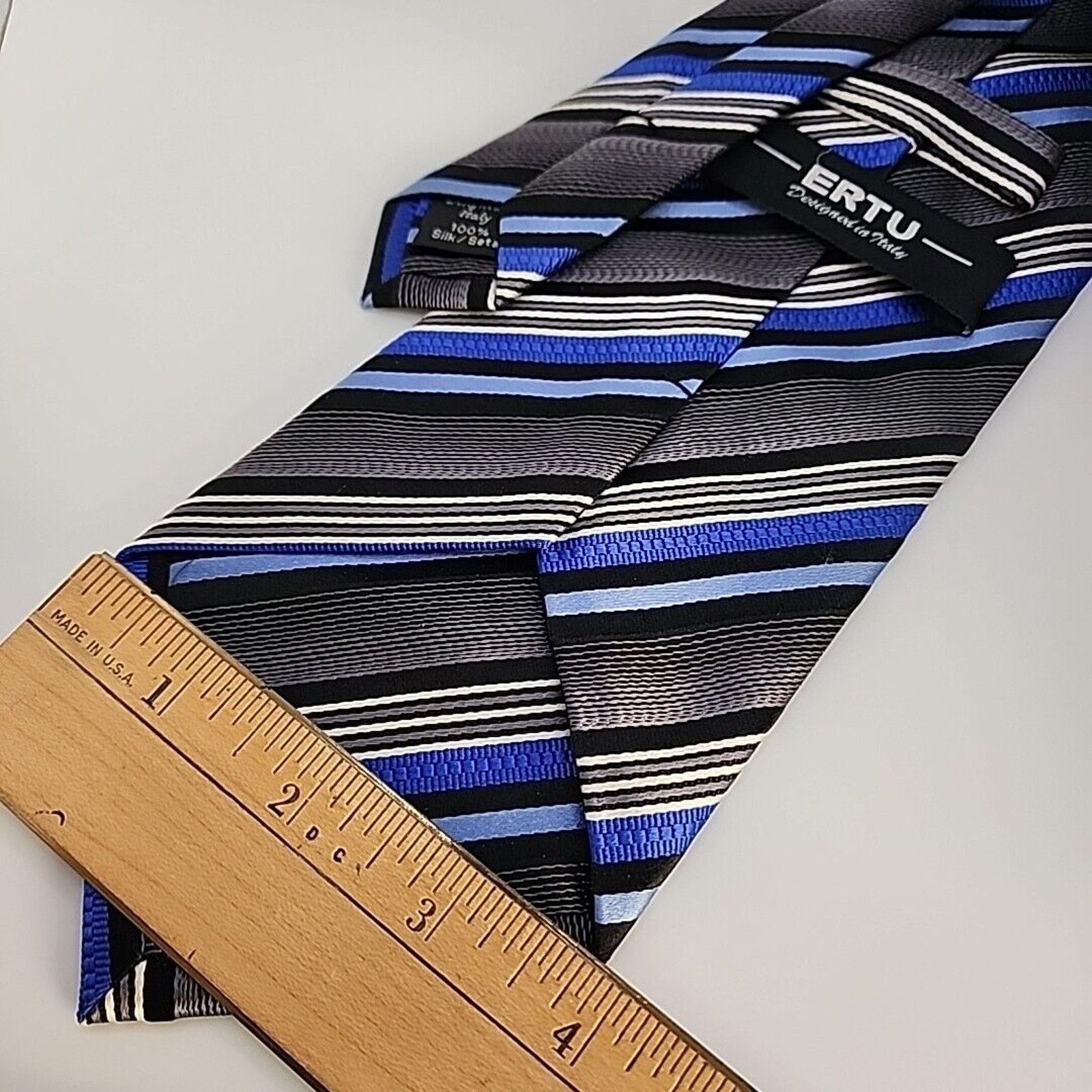 Other Ertu Silk Necktie Classic Blue-Silver-Black Stripes Like New Size ONE SIZE - 2 Thumbnail