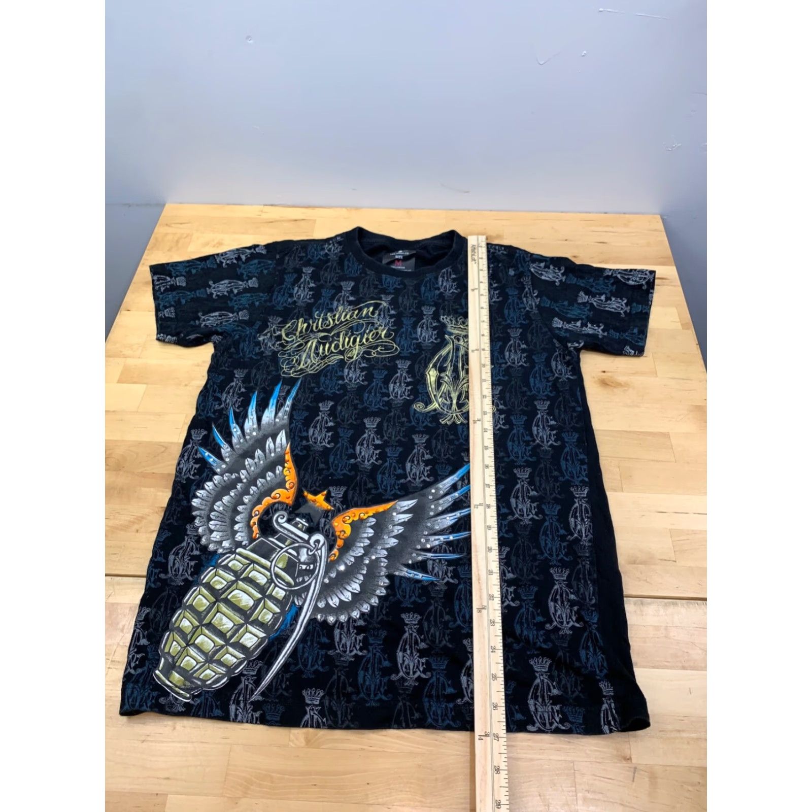 Vintage Christian Audigier Los Angeles Graphic Shirt Mens M Black Grenade Wings Tattoo Skull Designer T-Shirt Short Sleeve Size US M / EU 48-50 / 2 - 6 Thumbnail