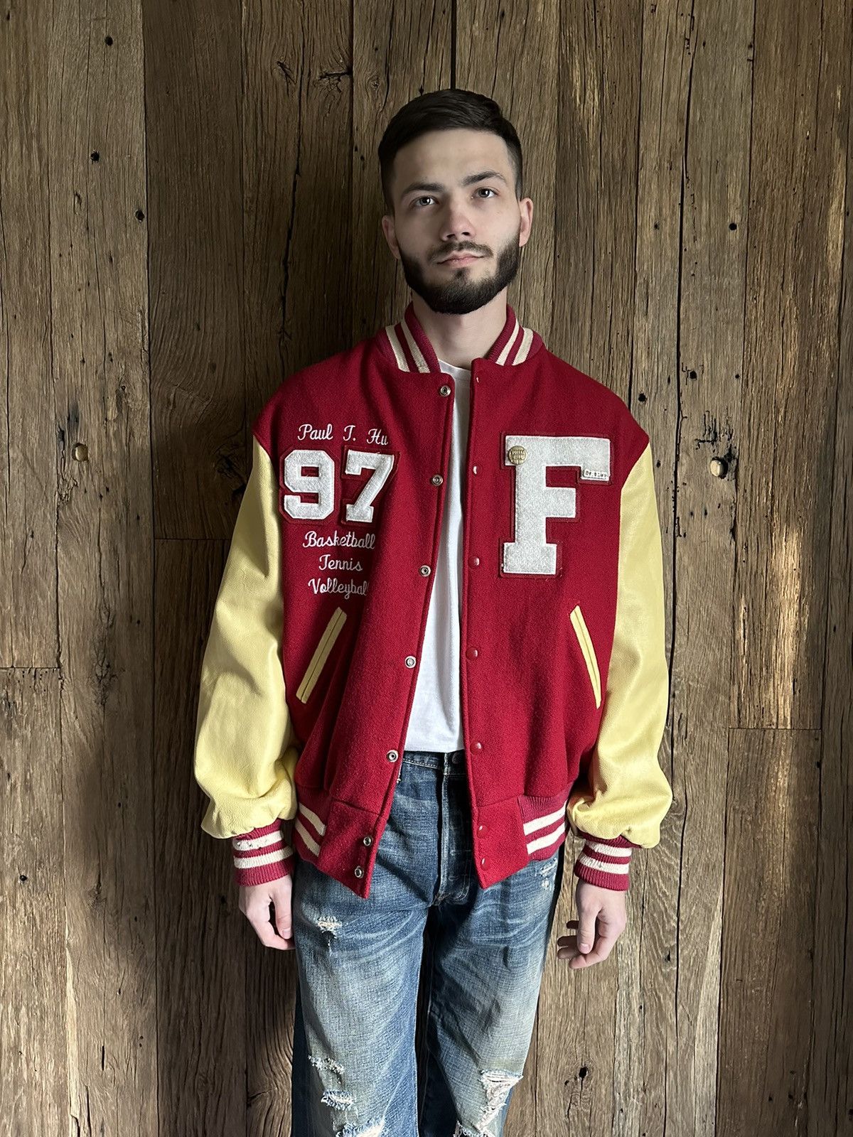 image of Leather Jacket x Varsity Jacket 1970S Fremont Indians Octonek Lettermans Varsity Wool Jacket in Cre