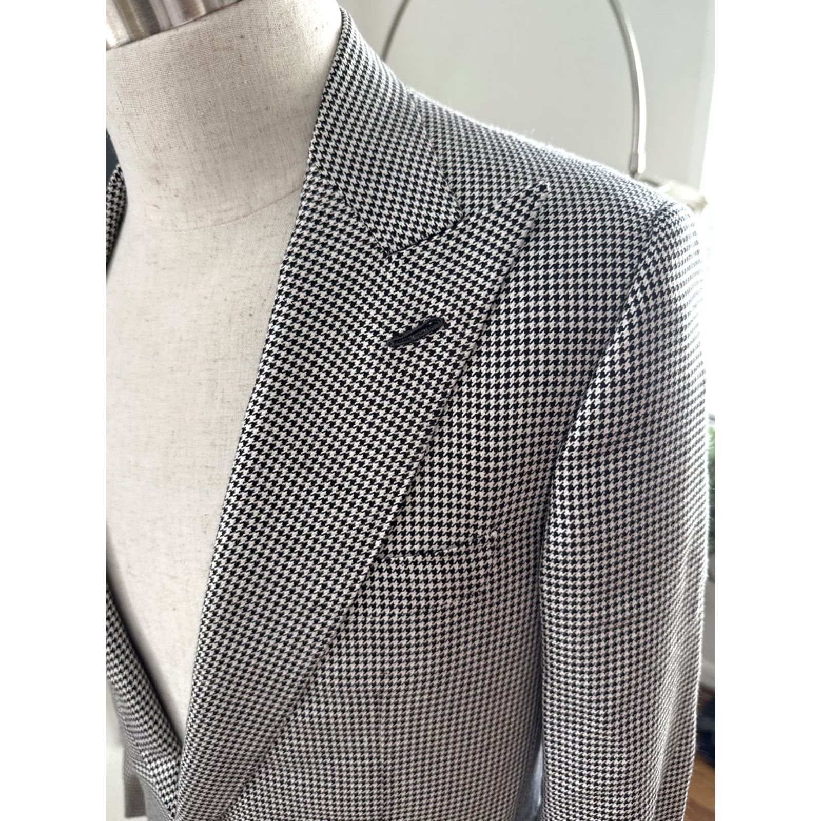 Vintage FRERE Black And White Houndstooth Blazer Classic Wool Silk Mens Jacket Sz 40 Size 40R - 3 Thumbnail