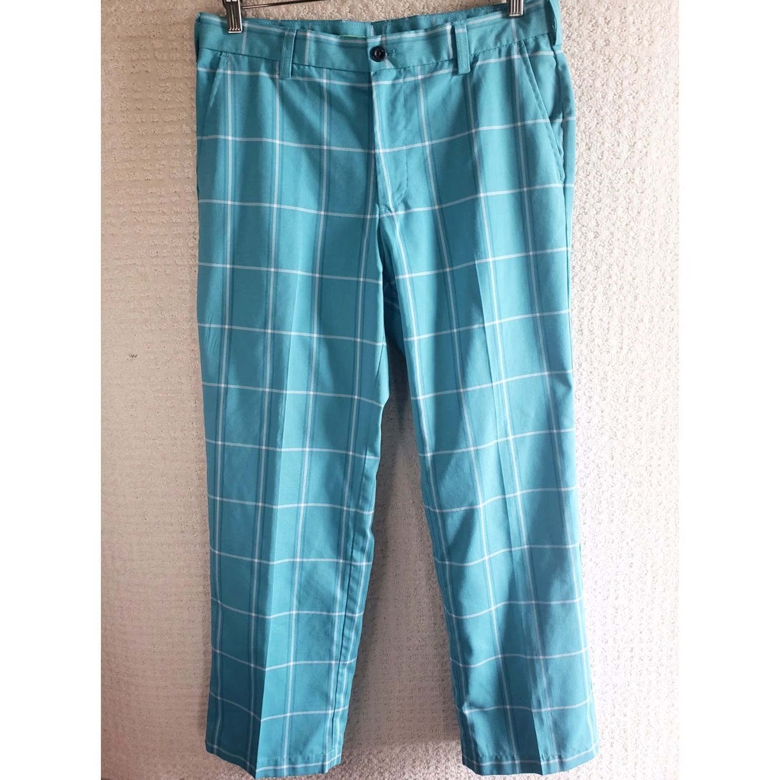 Izod Izod Golf Pants Men 32x30 Teal Blue-White Check Stretch Microfiber Slimming Pockets Zip Flat Front Regular Inseam 30" Machine Washable Size US 32 / EU 48 - 2 Thumbnail