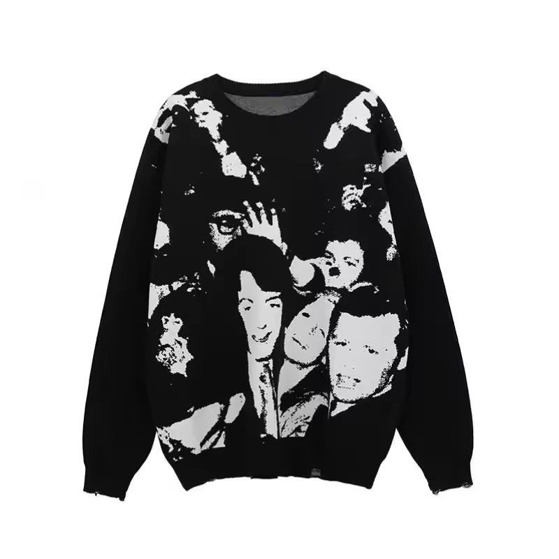 Japanese Brand × Vintage Faces Print Graphic Knitted Black Sweater Pullover Size US L / EU 52-54 / 3 - 1 Thumbnail