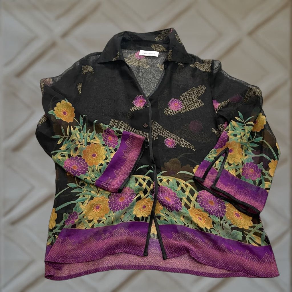 Vintage Chadwick's Blouse Button Up Top Womens M Black Purple Sheer Tropical Floral Size M / US 6-8 / IT 42-44 - 1 Thumbnail