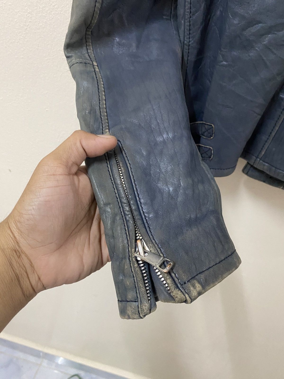 Vintage MuseRoom Blue Leather Biker Jacket Distressed Moto Style Size US S / EU 44-46 / 1 - 10 Thumbnail