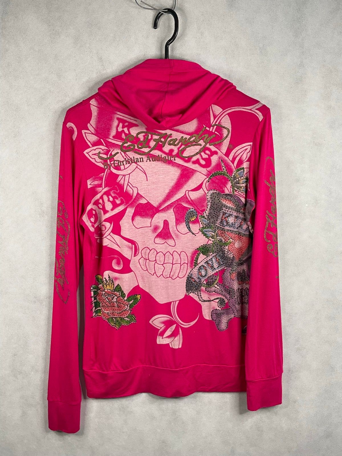 Pre-owned Christian Audigier X Ed Hardy Pink Vintage Y2k Zip Hoodie Skull Heart Overprint Ed Hardy (size Medium)
