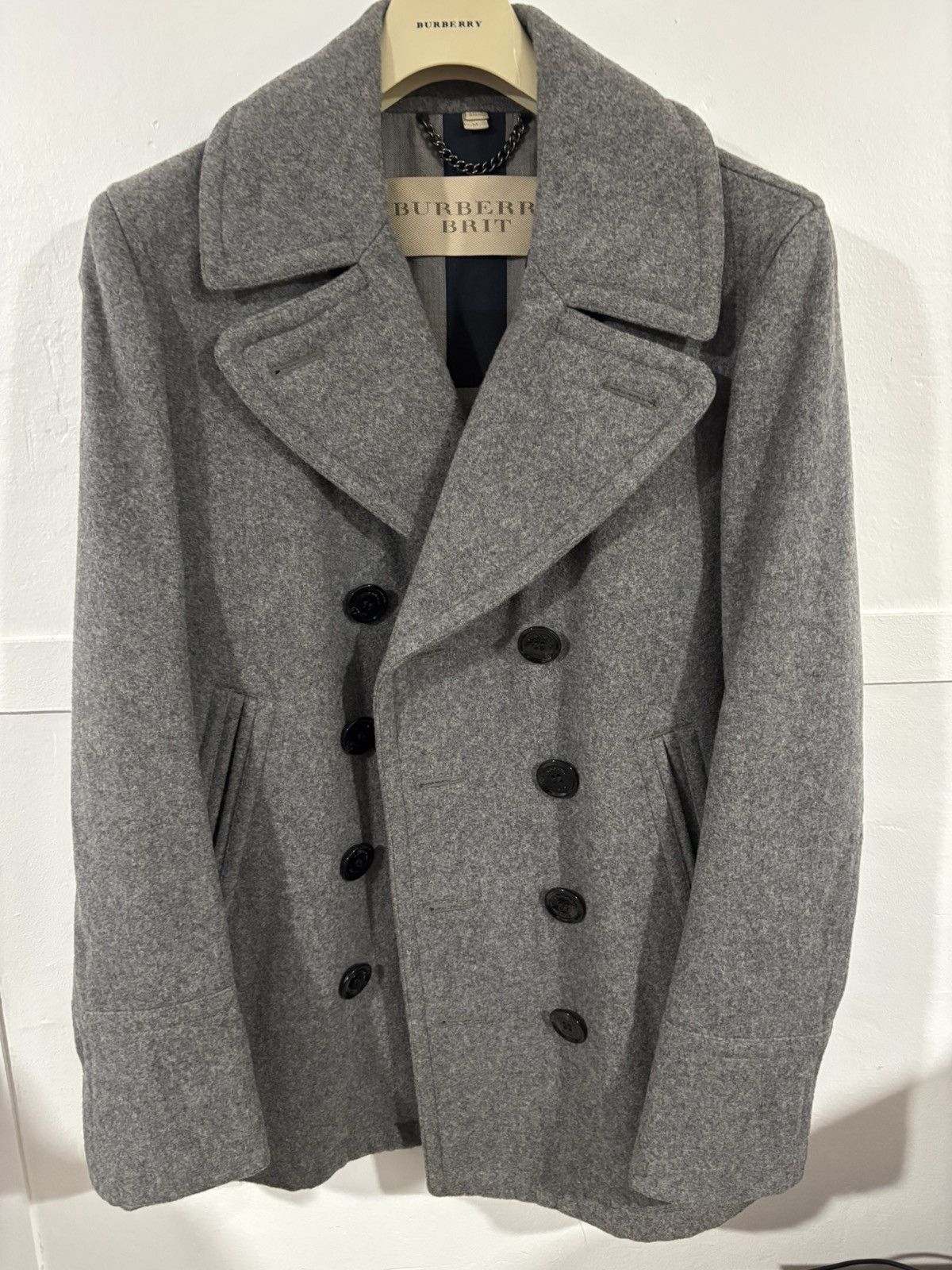 Burberry Burberry Brit Men’s Medium Gray Wool Pea Coat Jacket Medim Size US M / EU 48-50 / 2 - 2 Thumbnail