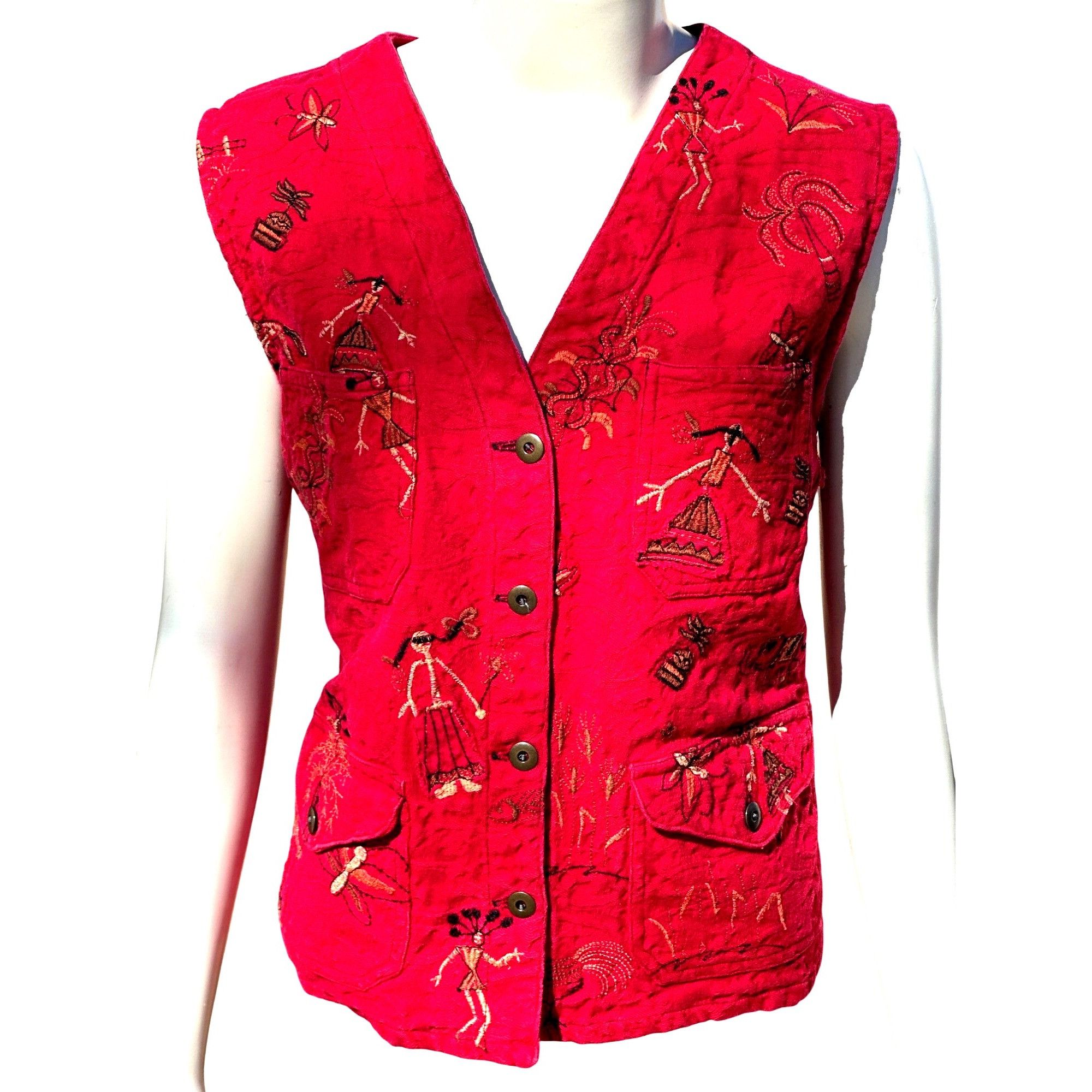Chicos Chicos Design Red Embroidered Button Front Vest Boho Folk Ar Size L / US 10 / IT 46 - 1 Thumbnail