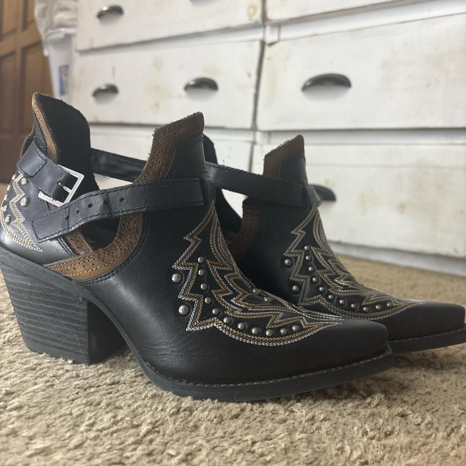 Durango Durango Black and Brown Studded Western Ankle Boots Size US 8 / IT 38 - 4 Thumbnail