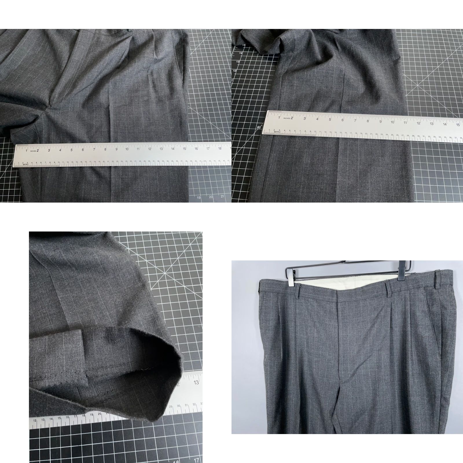 IDEA VINTAGE Wool Pleated Trousers Men's 42 x 28 (+2") Dark Gray Pinstripe Pants Ideal Zip Dress Pants Mens Regular Gray Wool Pinstripe 42 x 28 Inseam 28 Size US 42 / EU 58 - 8 Thumbnail